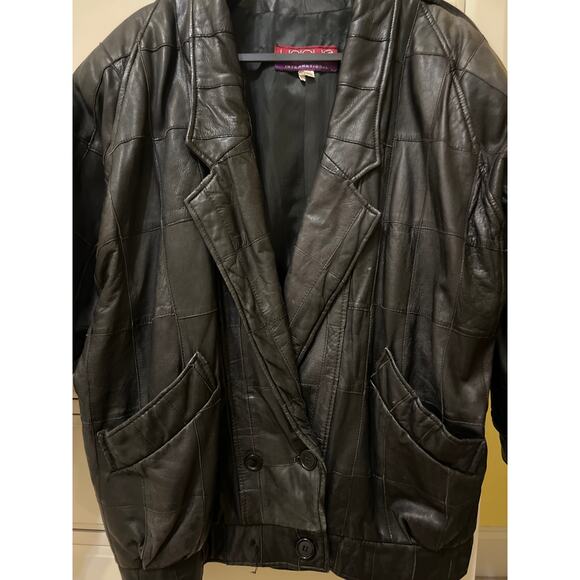80s Vintage Black Patch Leather Coat Oversized Size Medium Y2K 90s Rare Find - Picture 2 of 11
